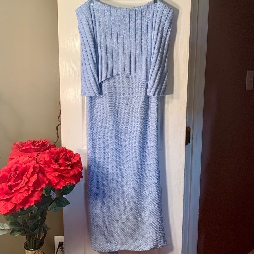 Long Light Blue Strapless Sweater Dress O/S
